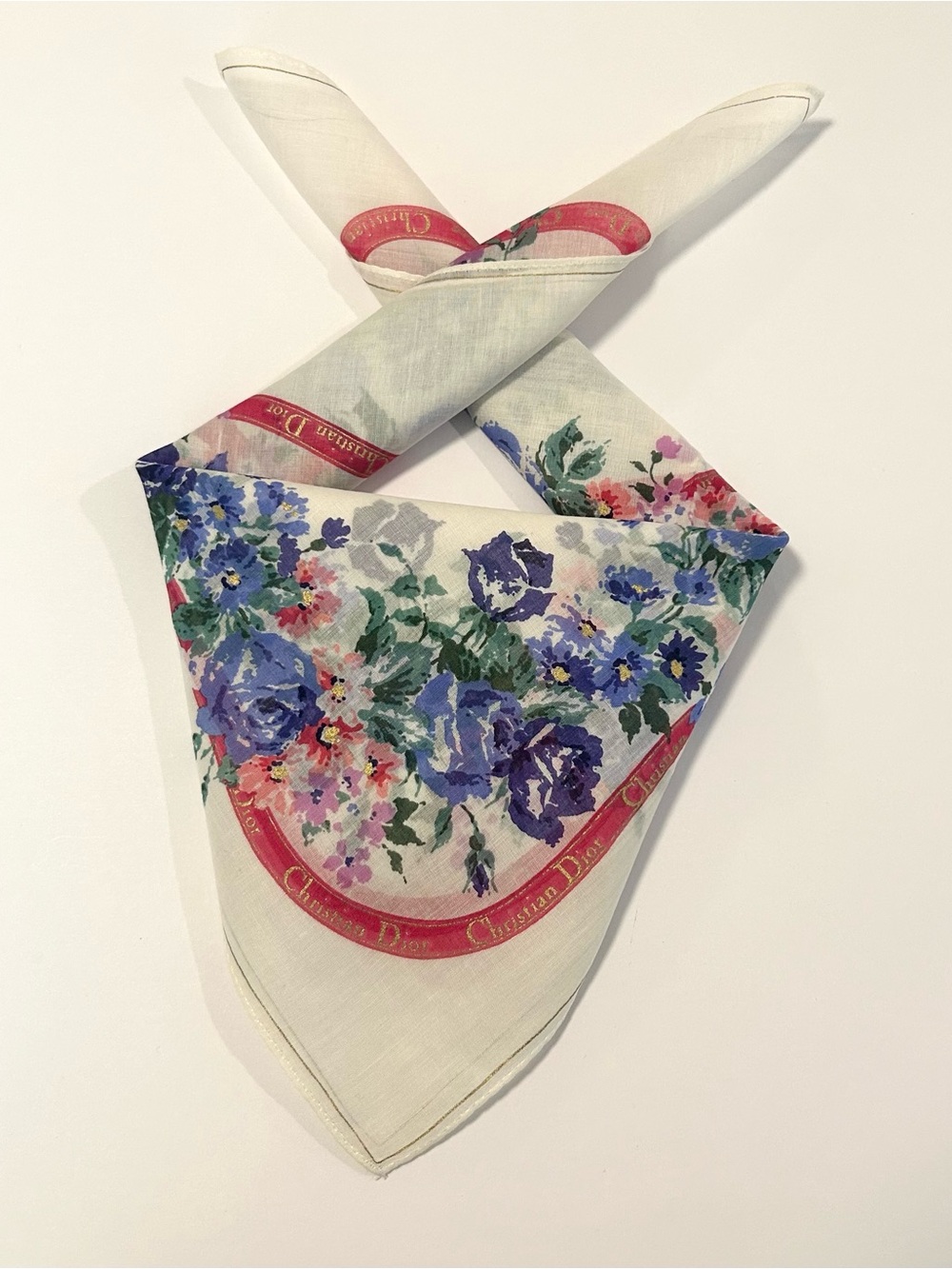 WOMEN HANDKERCHIEF CHRISTIAN DIOR FLORAL Rose White COTTON POCKET SQUARE 18”